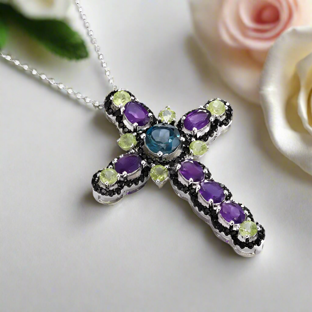 Mystical Multi-gems Cross Pendant Necklace
