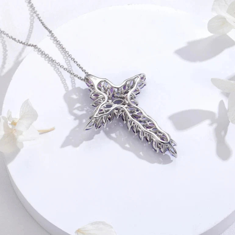Elegant Amethyst and Tanzanite Marquise-Cut Cross Pendant Necklace