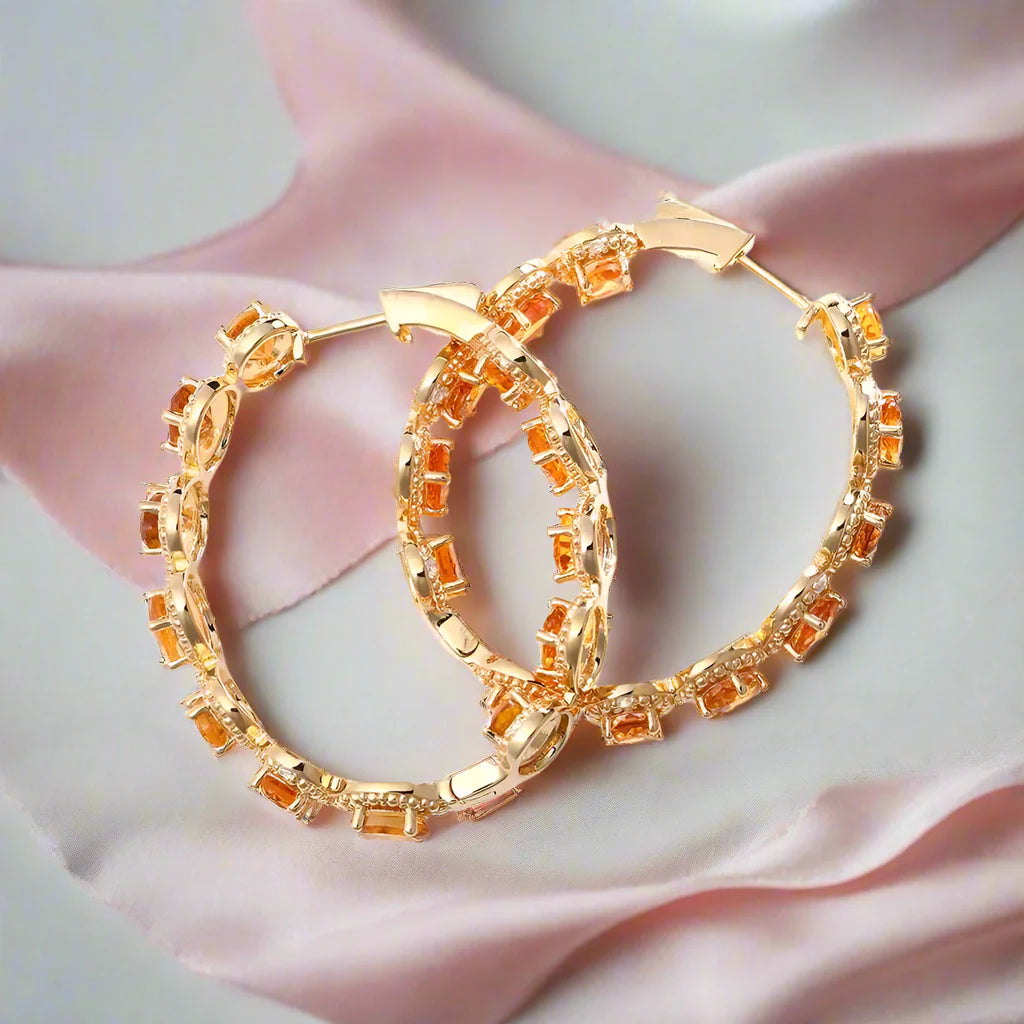 Oval-cut Natural Citrine Gemstone Vintage Hoop Earrings