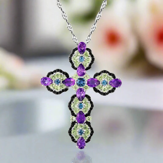 Natural Topaz and Amethyst Gemstone Cross Pendant Necklace