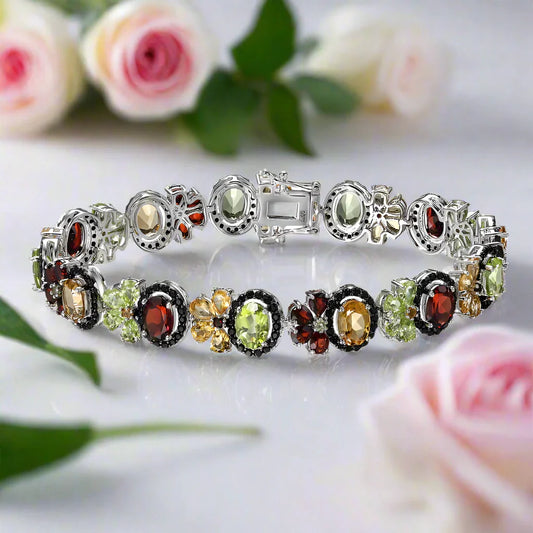 Oval-cut Natural Multi Gemstone Flower Halo Bracelet