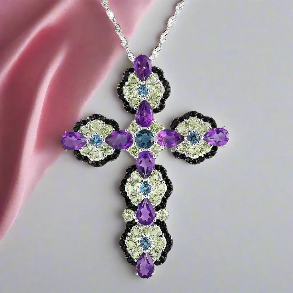 Natural Topaz and Amethyst Gemstone Cross Pendant Necklace