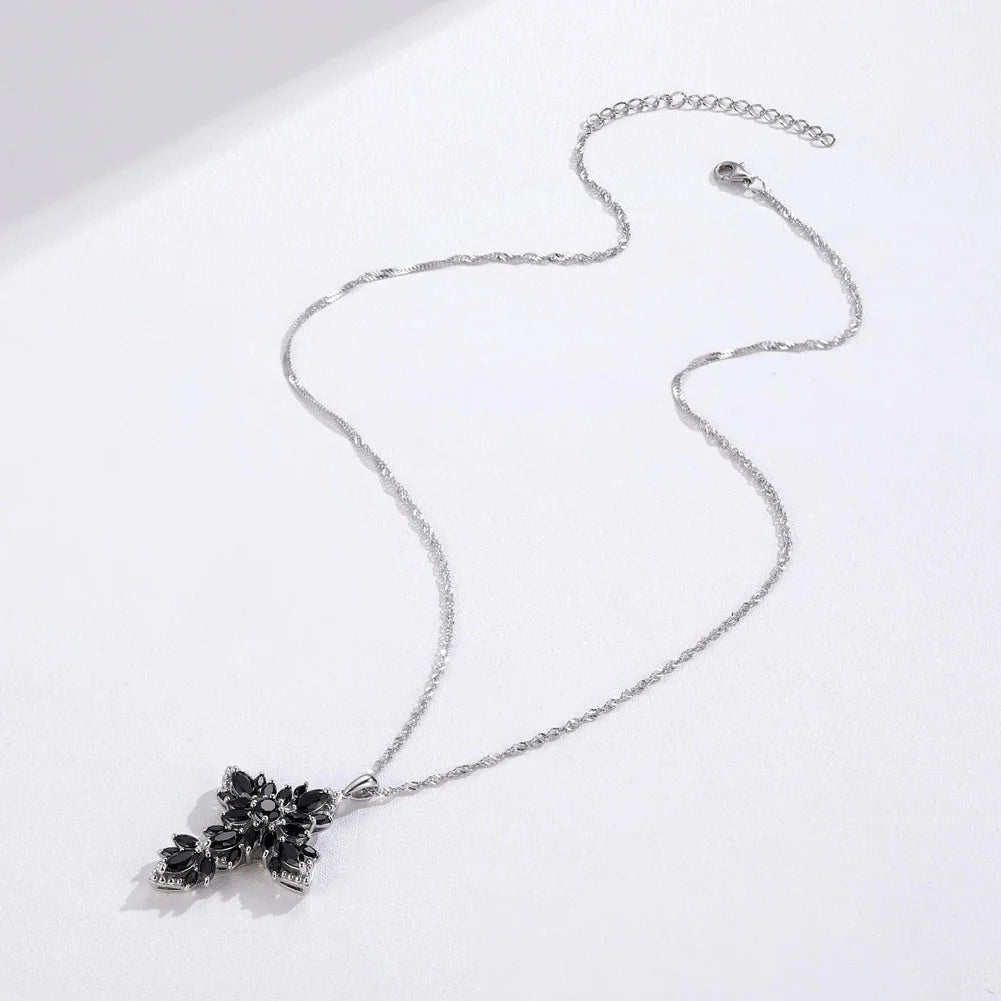 Marquise-cut Black Spinel Spiky Cross Necklace
