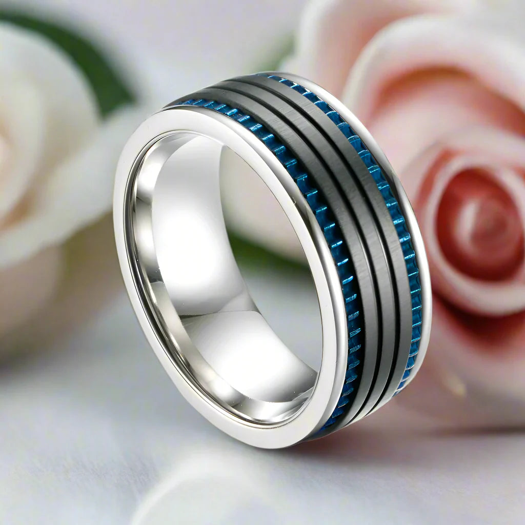 Black Space with Blue Inlay Titanium Steel Ring