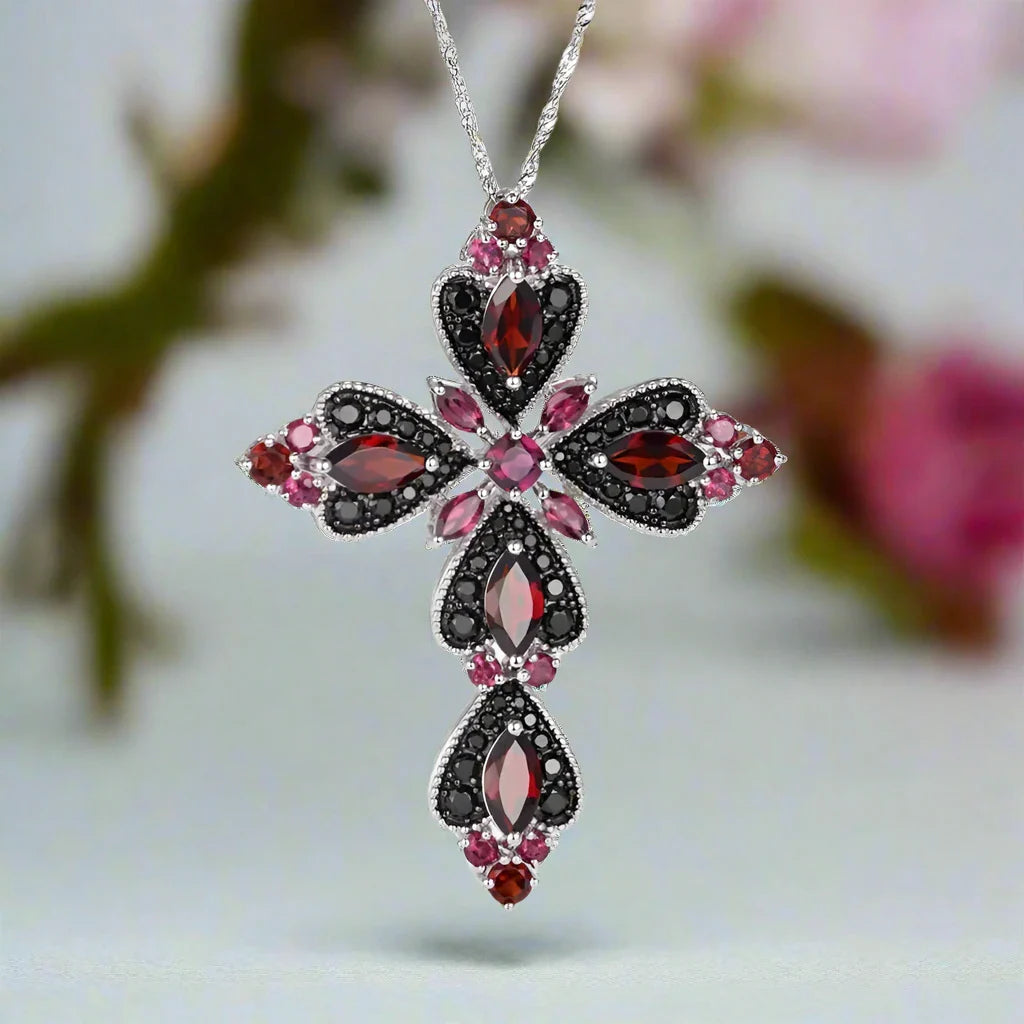 Created Rhodolite Garnet & Black Spinel Cross Bohemian Pendant Necklace