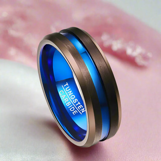 Matte Brown with Blue Groove Tungsten Carbide Ring