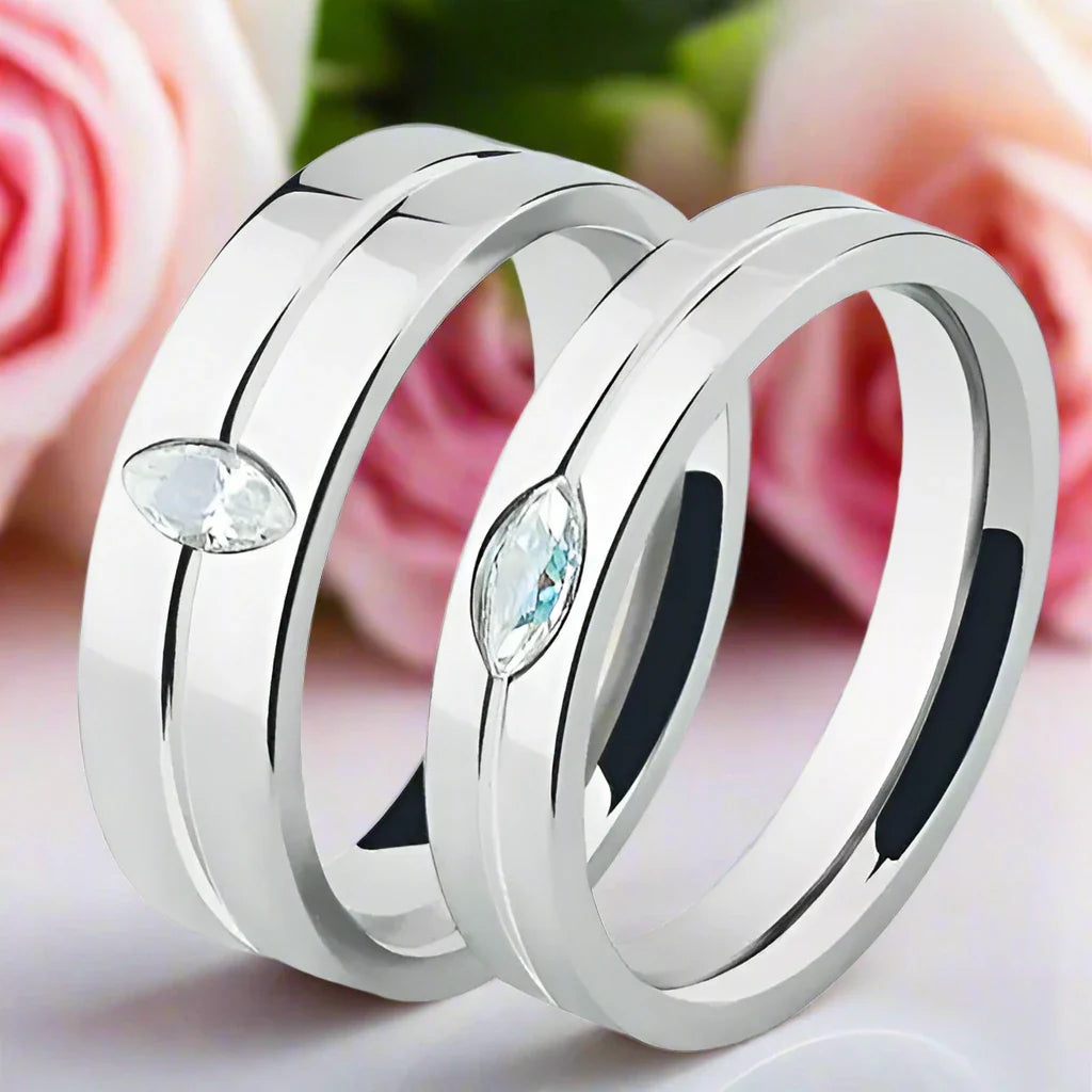 Pear-cut Diamond Stainless Steel Glossing Couple Ring