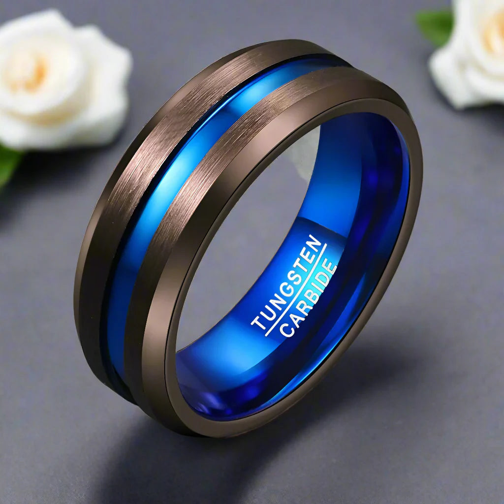 Matte Brown with Blue Groove Tungsten Carbide Ring