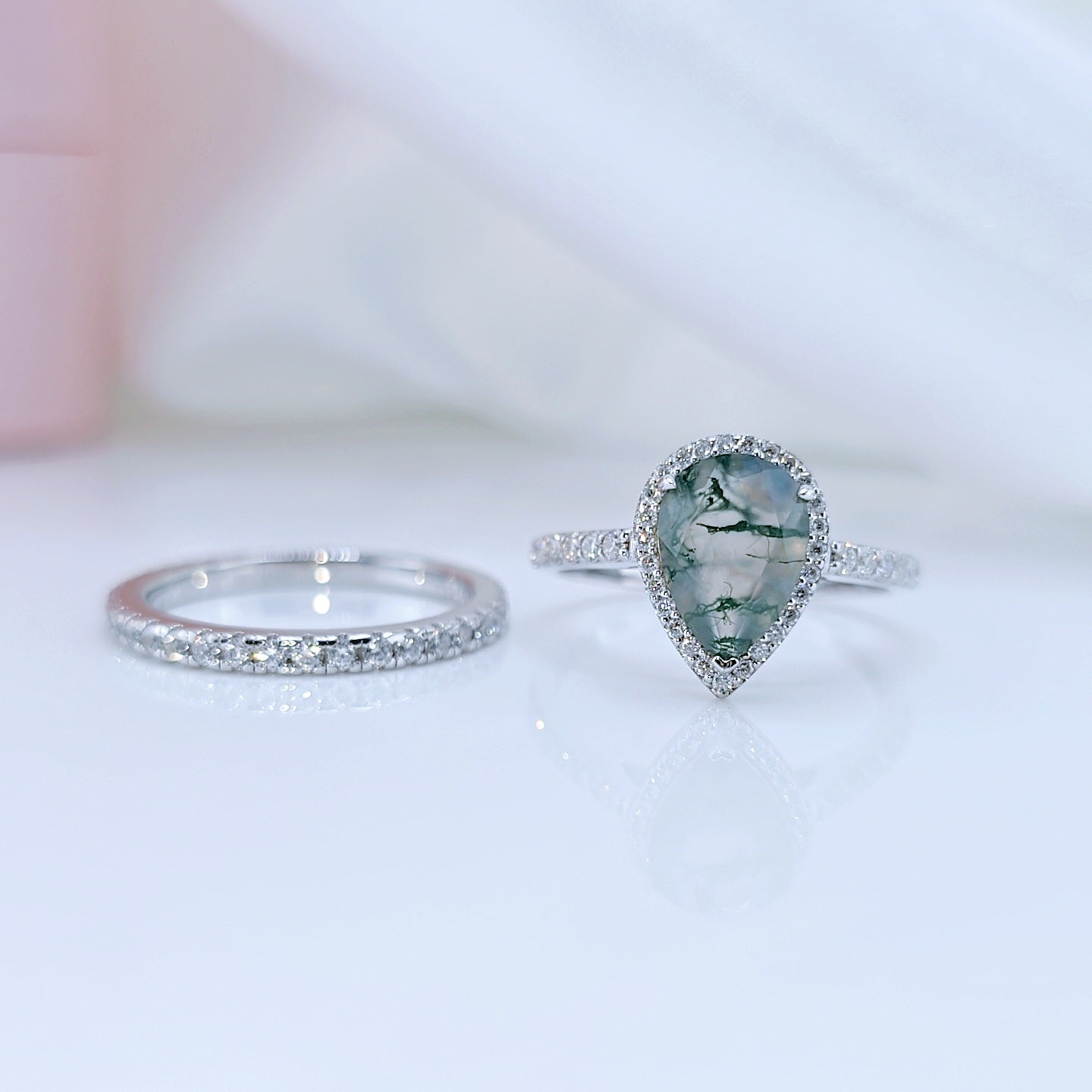 Halo Pear Cut Natural Moss Agate Wedding Ring Set