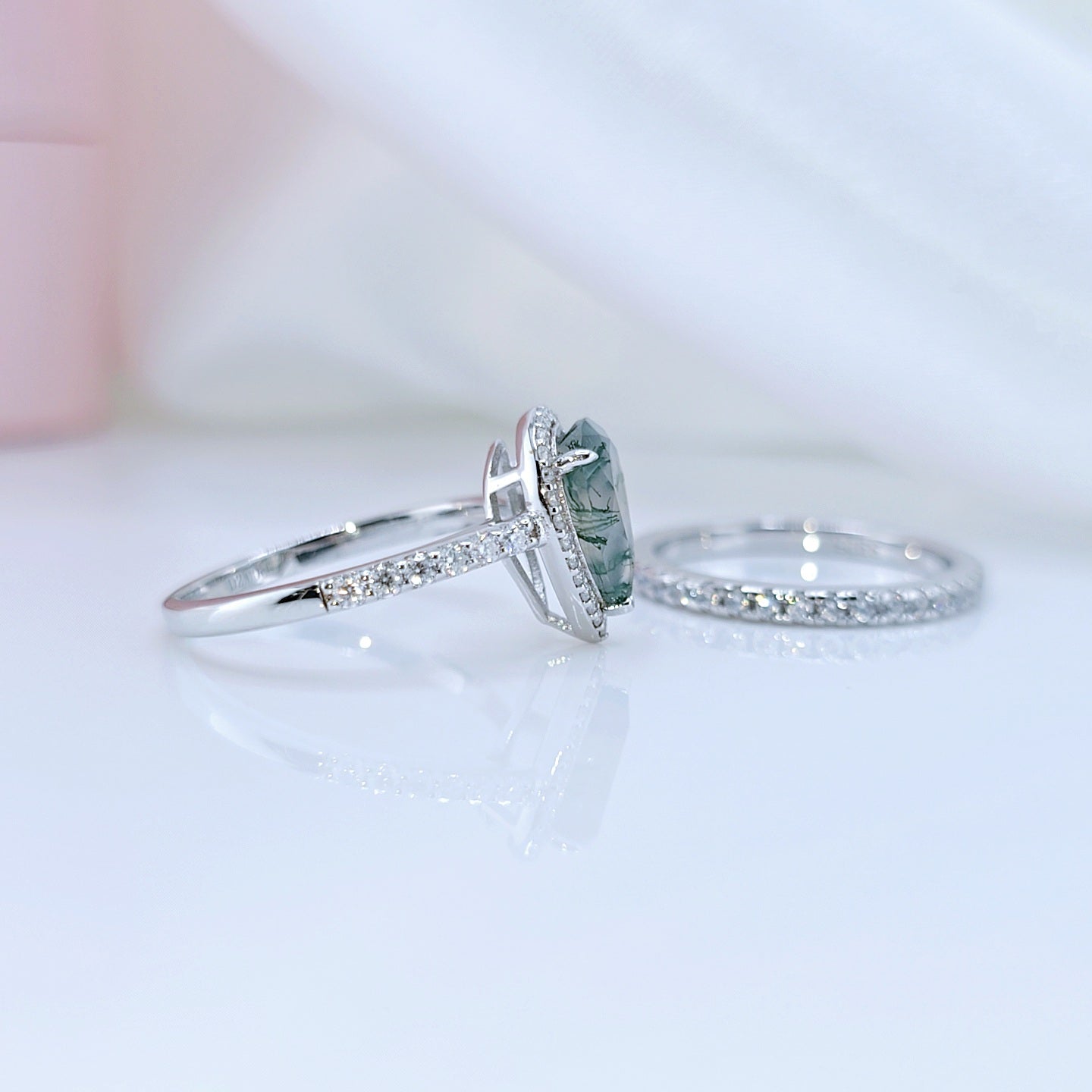 Halo Pear Cut Natural Moss Agate Wedding Ring Set