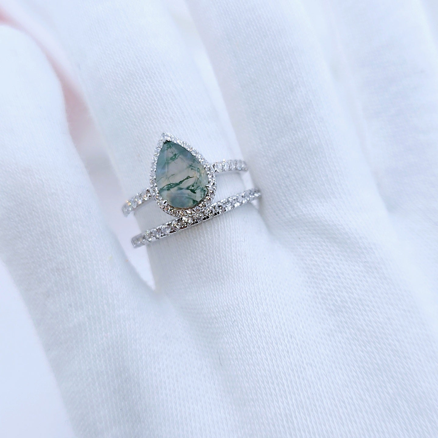 Halo Pear Cut Natural Moss Agate Wedding Ring Set