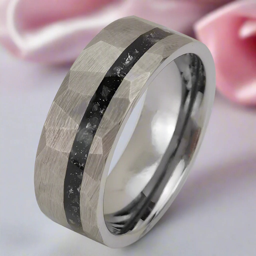 Hammered Tungsten Wedding Band with Fragment Opal Inlay