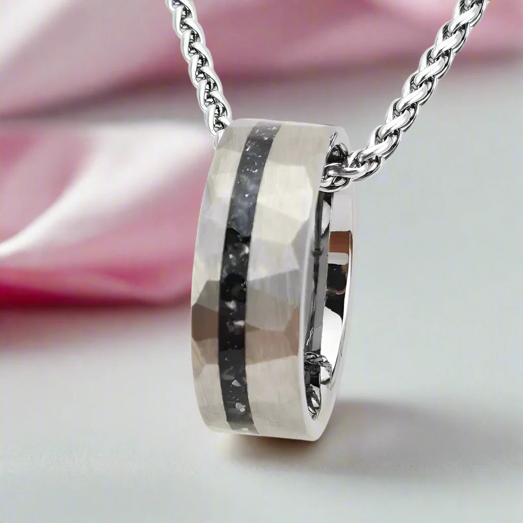 Hammered Tungsten Wedding Band with Fragment Opal Inlay