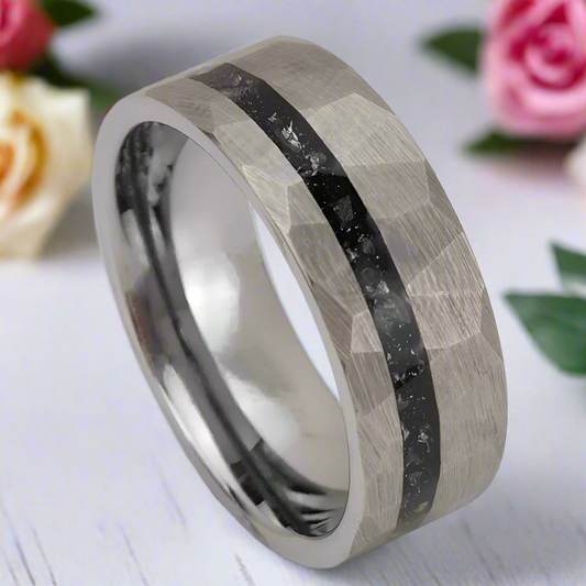 Hammered Tungsten Wedding Band with Fragment Opal Inlay