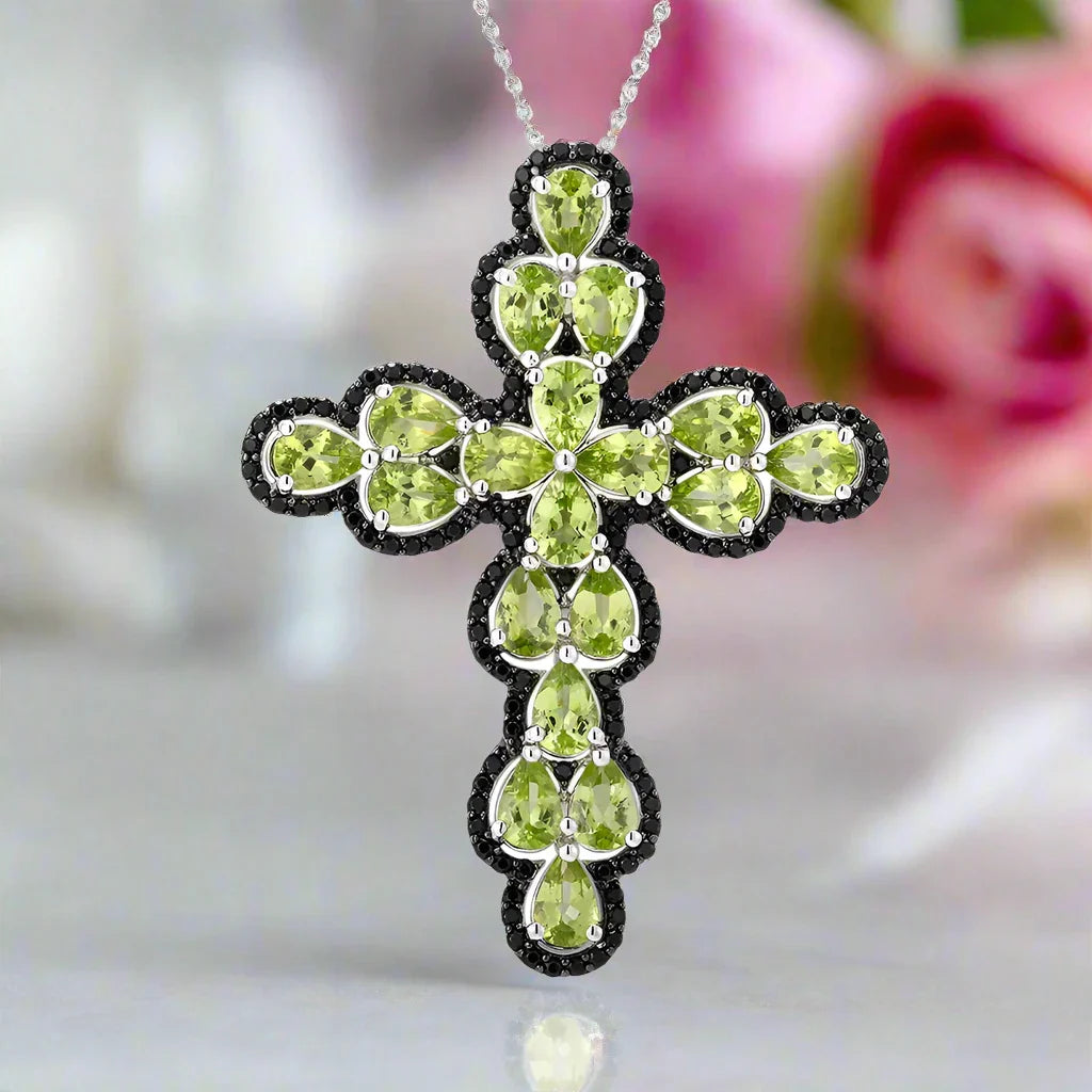 Pear-cut Peridot with Black Spinel Cross Pendant Necklace