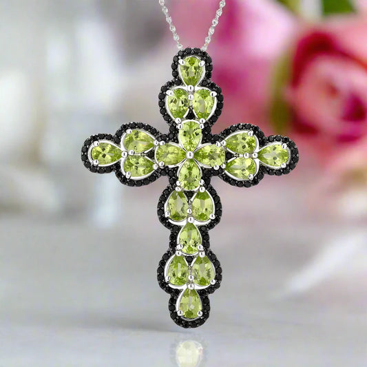Pear-cut Peridot with Black Spinel Cross Pendant Necklace