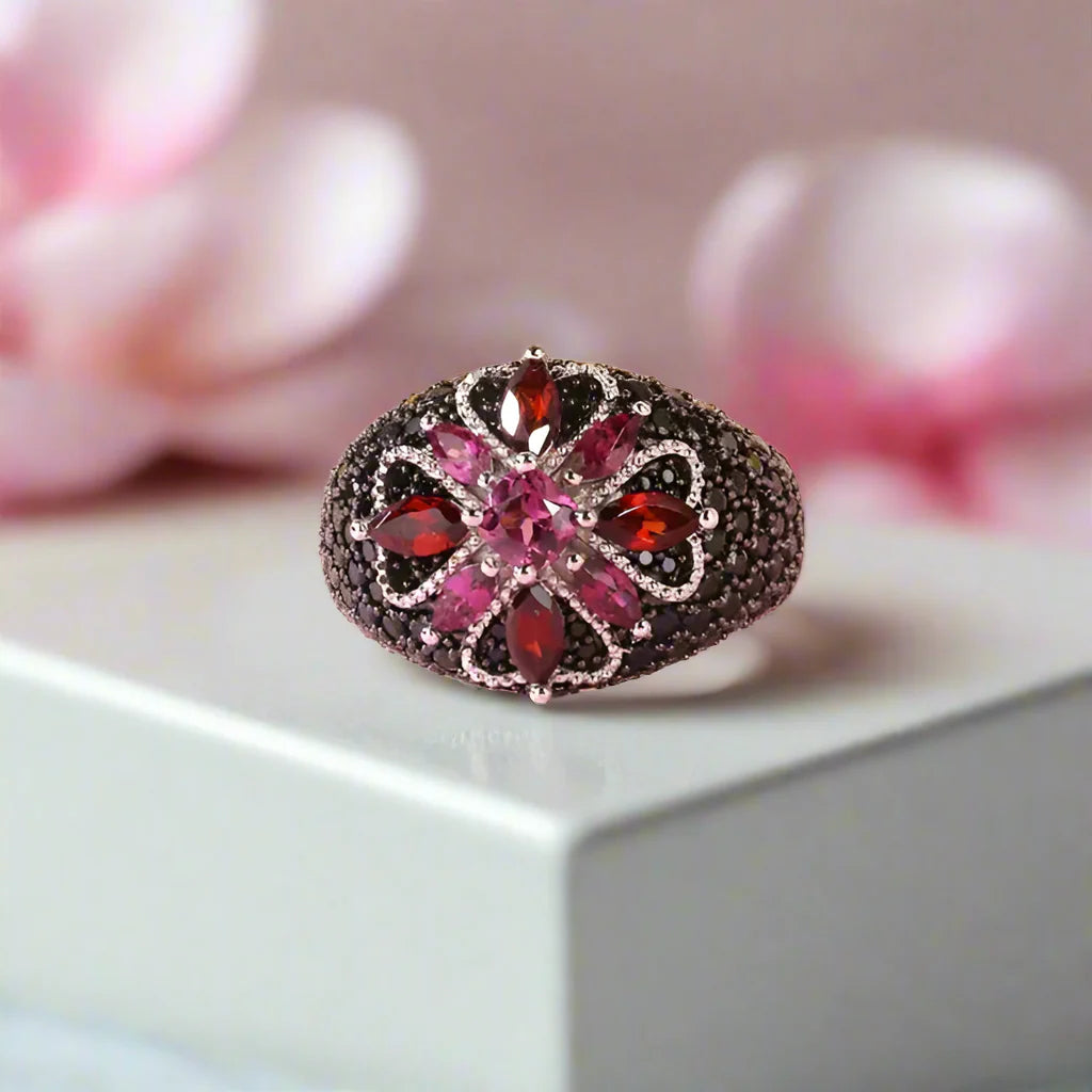 Marquise-cut Natural Rhodolite Garnet Bohemian Ring