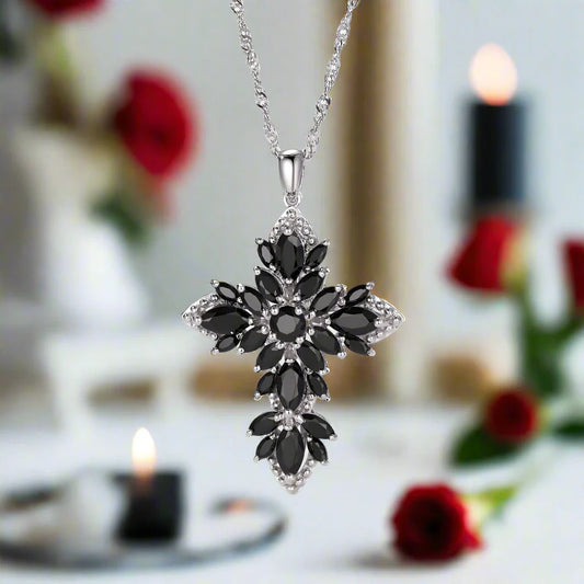 Marquise-cut Black Spinel Spiky Cross Necklace
