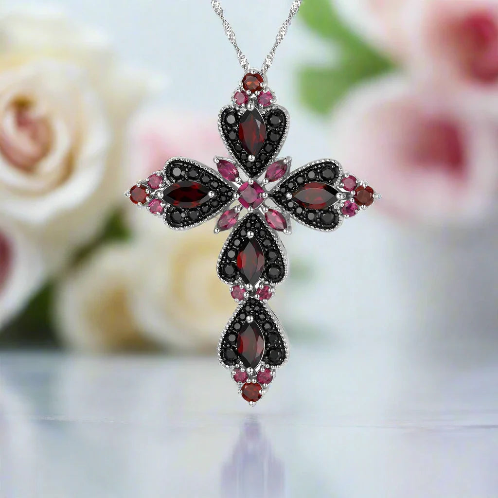 Created Rhodolite Garnet & Black Spinel Cross Bohemian Pendant Necklace