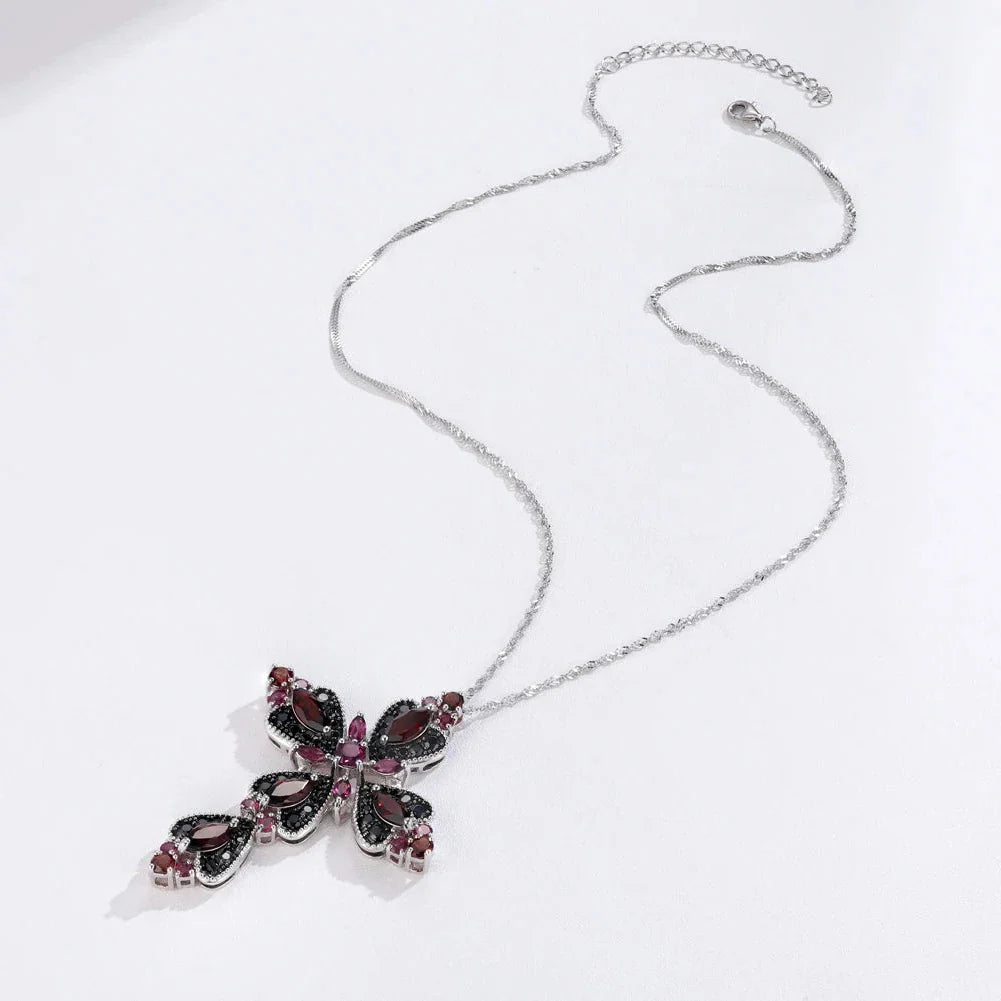 Created Rhodolite Garnet & Black Spinel Cross Bohemian Pendant Necklace