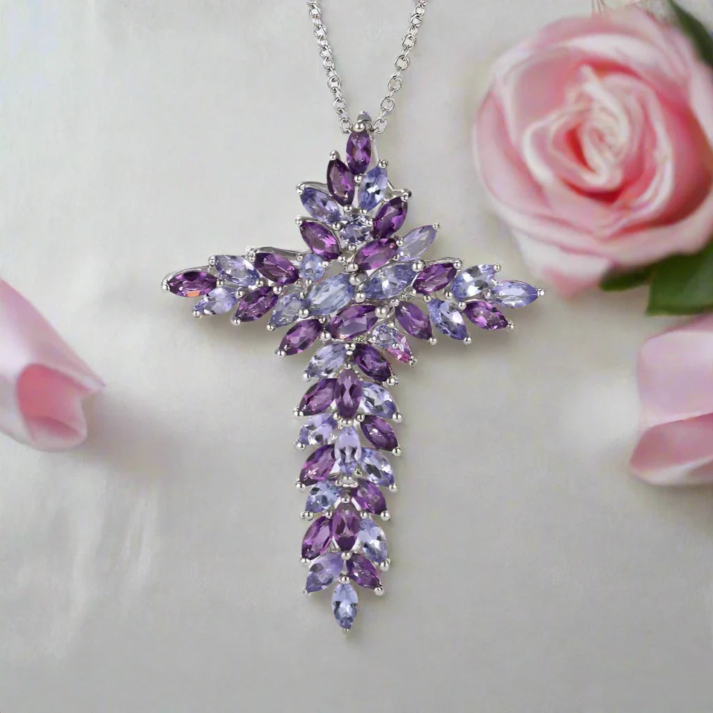 Elegant Amethyst and Tanzanite Marquise-Cut Cross Pendant Necklace