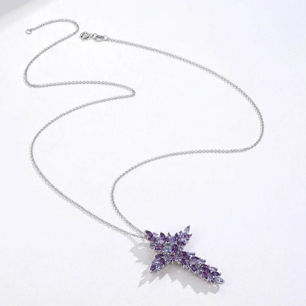 Elegant Amethyst and Tanzanite Marquise-Cut Cross Pendant Necklace