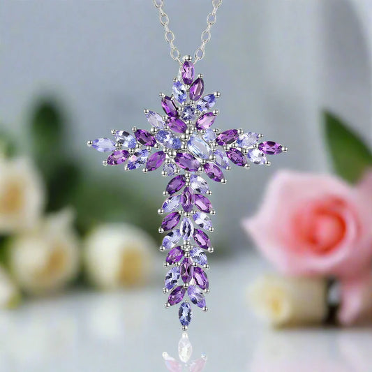 Elegant Amethyst and Tanzanite Marquise-Cut Cross Pendant Necklace