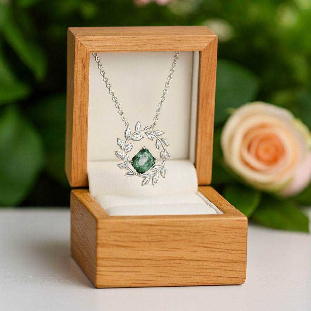 June Birthstone Natural Moss Agate Circle Leaves Necklace