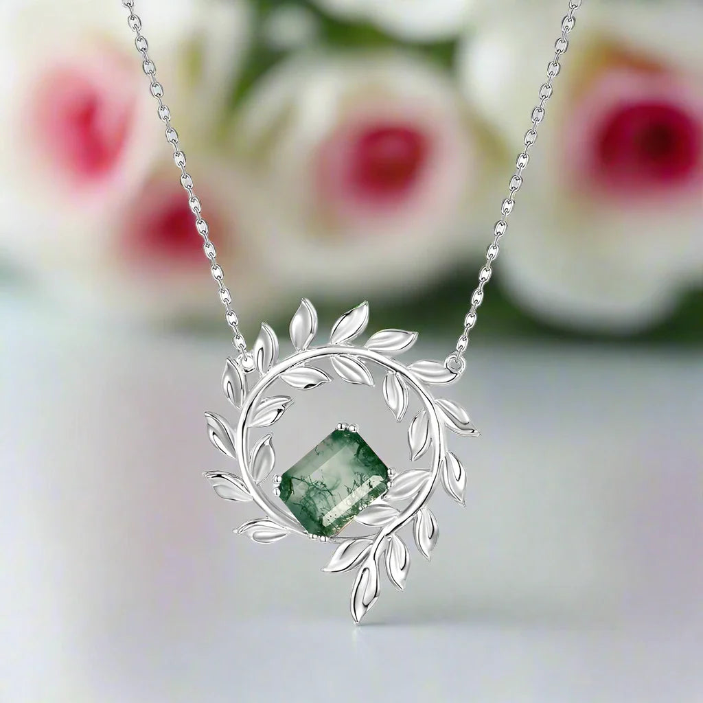 June Birthstone Natural Moss Agate Circle Leaves Necklace