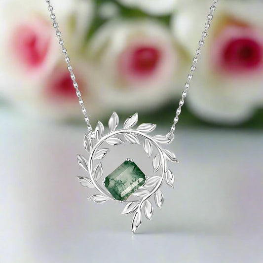 June Birthstone Natural Moss Agate Circle Leaves Necklace