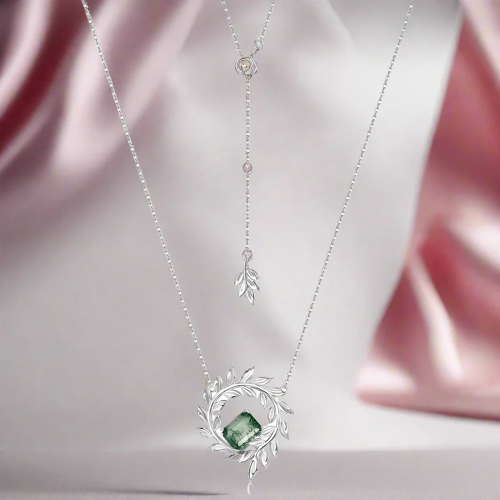 June Birthstone Natural Moss Agate Circle Leaves Necklace