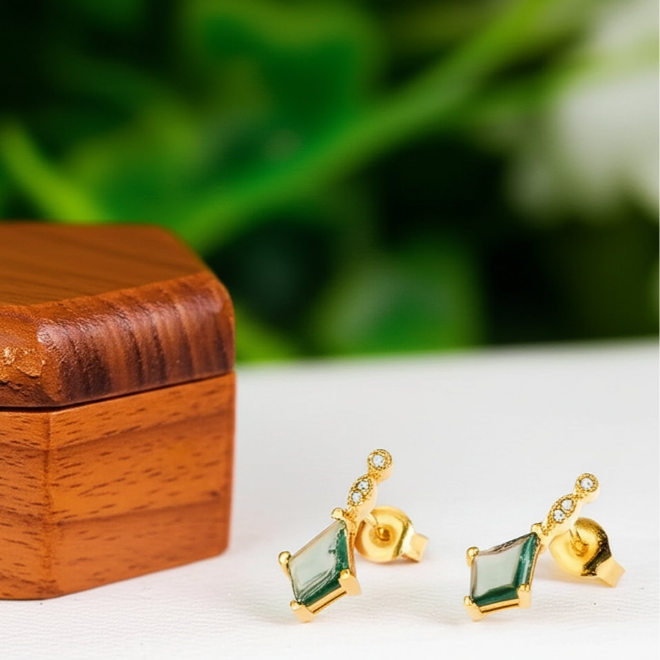 Kite Shaped Moss Agate Yellow Gold Earrings