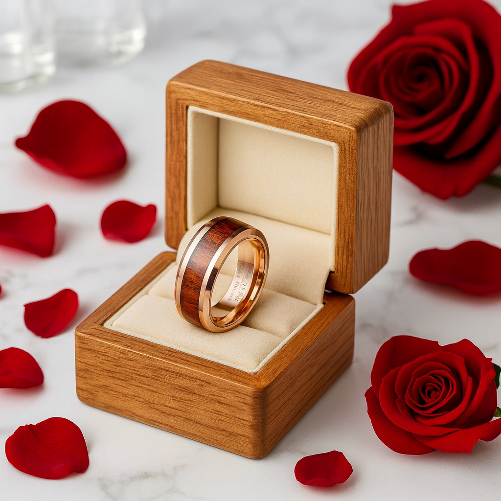 Koa Wood Inlay Beveled Edge Tungsten Carbide Ring