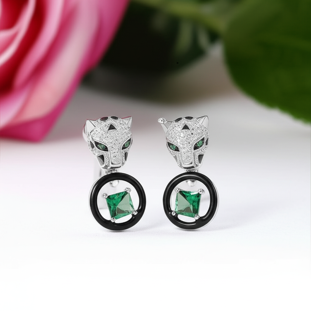 Leopard Head and Green Spinel Earrings