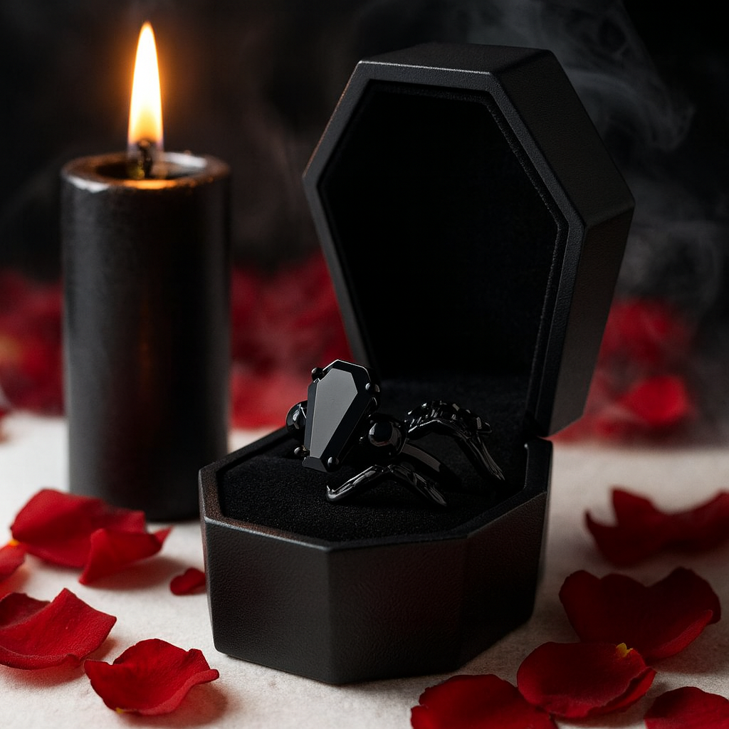 My Ever After Ring with Coffin Cut Diamond with Skulls, Bat and Roses Promise Ring