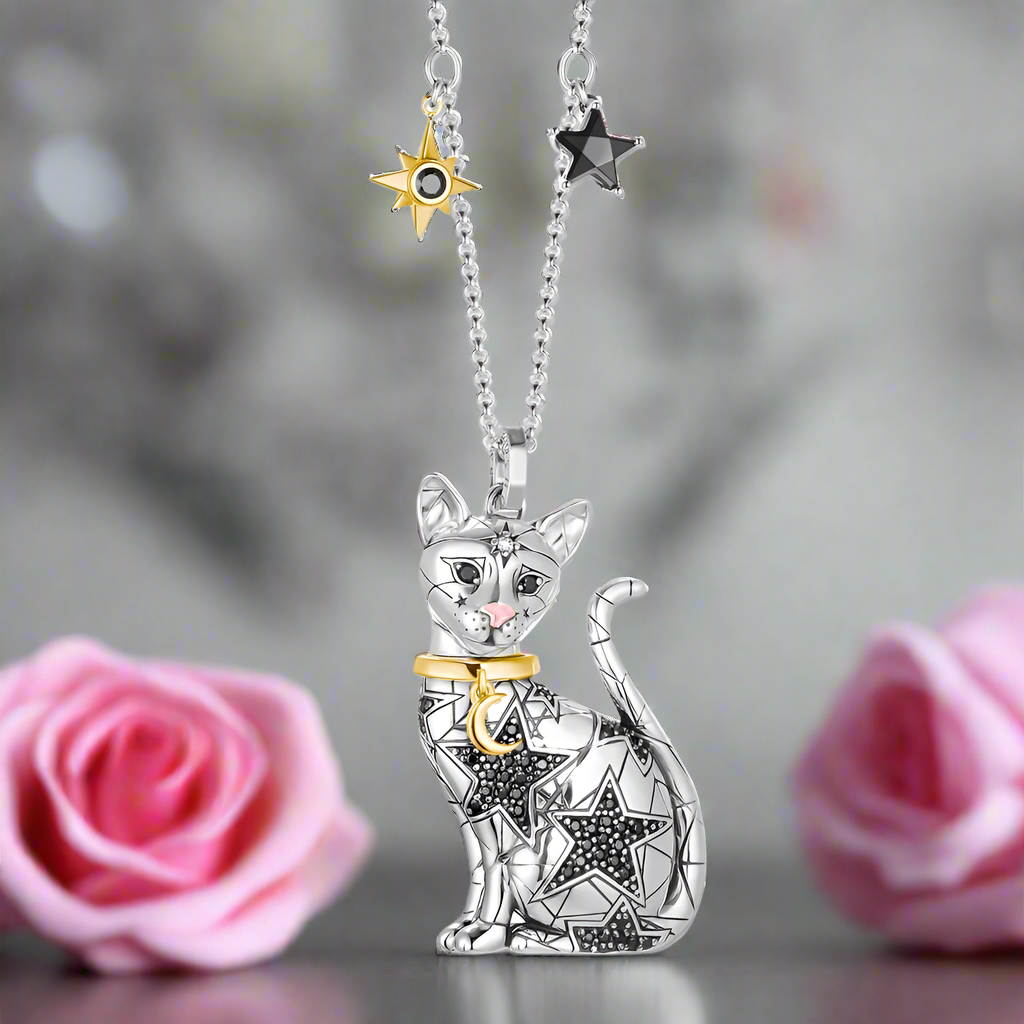 Magic Cat Pendant Necklace with Moon & Stars