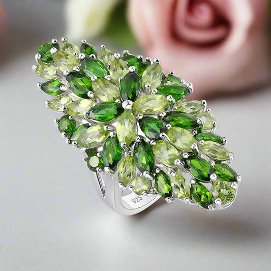 Marquise-cut Created Peridot & Chrome Diopside Flower Pattern Ring