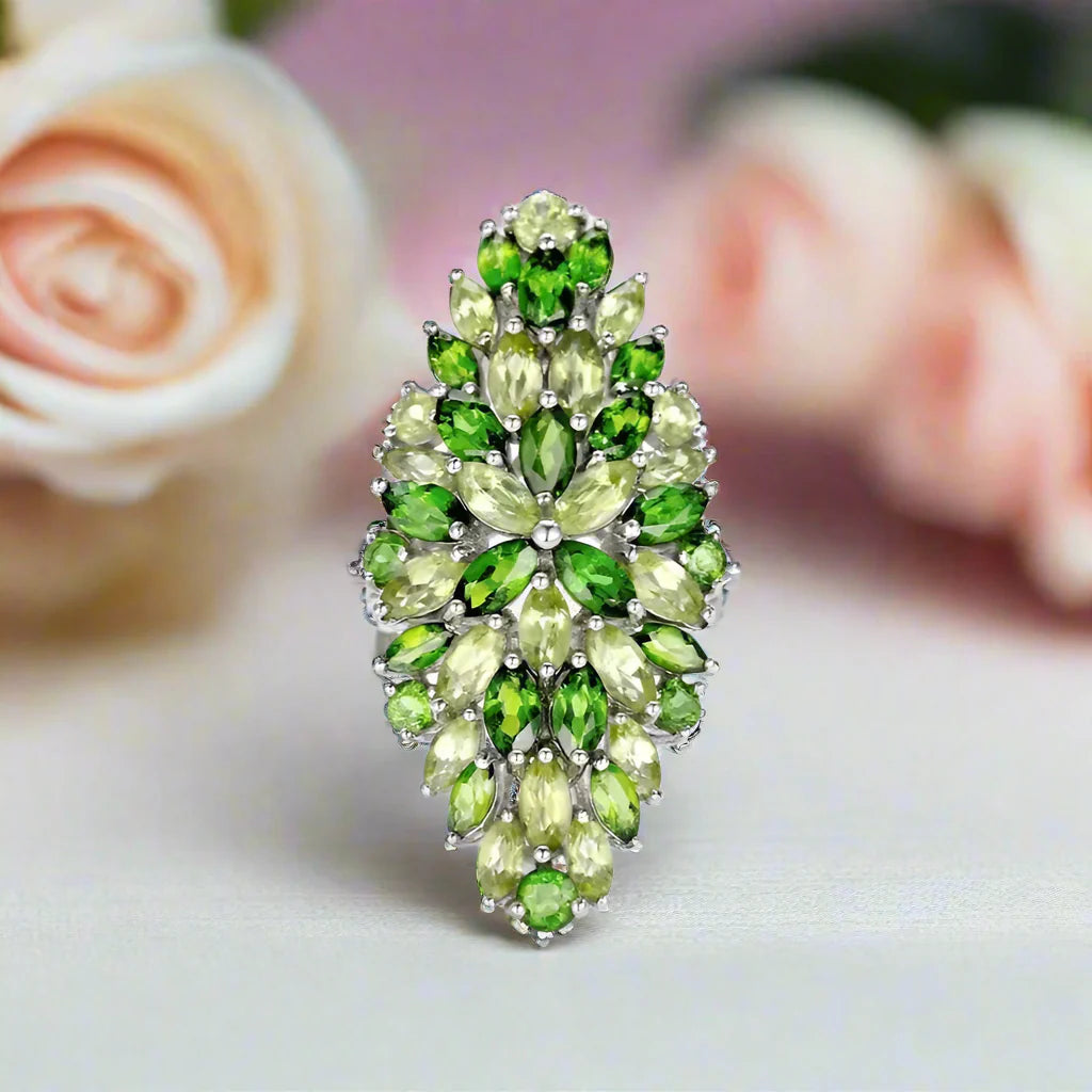 Marquise-cut Created Peridot & Chrome Diopside Flower Pattern Ring