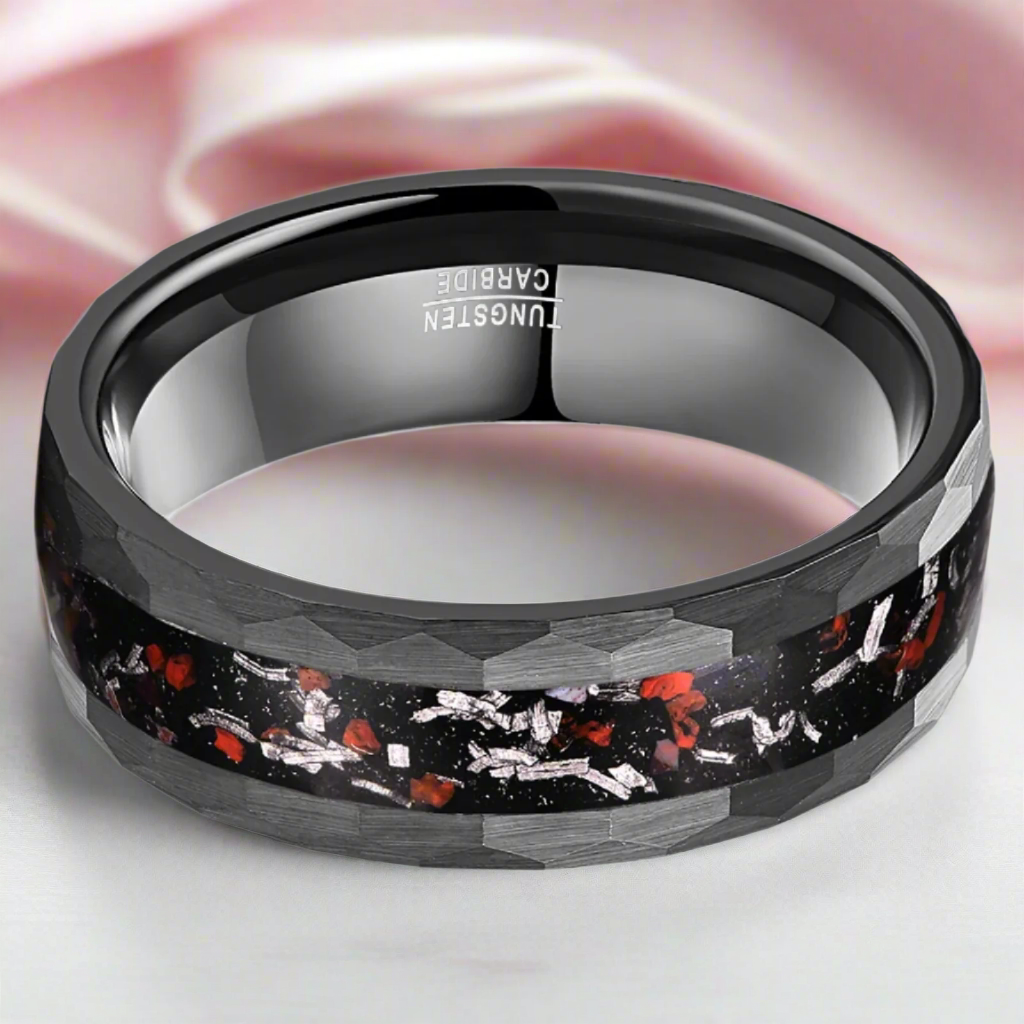 Matte Black Hammered Meteorite Dinosaur Bone Tungsten Wedding Band