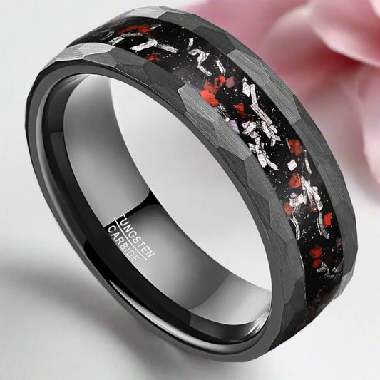 Matte Black Hammered Meteorite Dinosaur Bone Tungsten Wedding Band