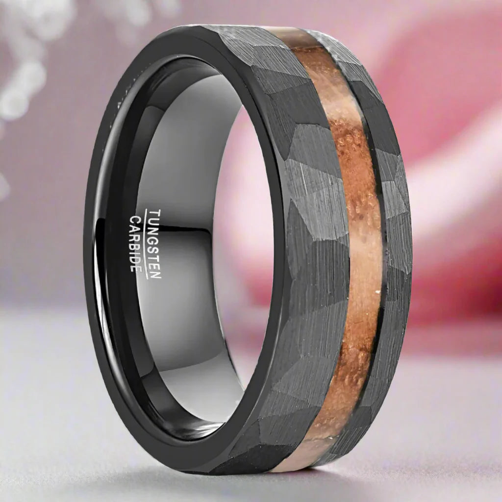 Matte Black Hammered Tungsten Band with Wood Inlay