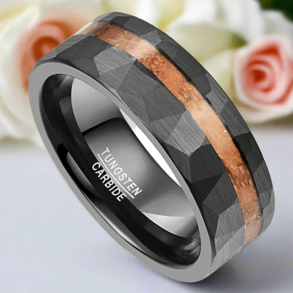 Matte Black Hammered Tungsten Band with Wood Inlay