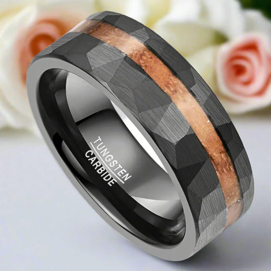 Matte Black Hammered Tungsten Band with Wood Inlay