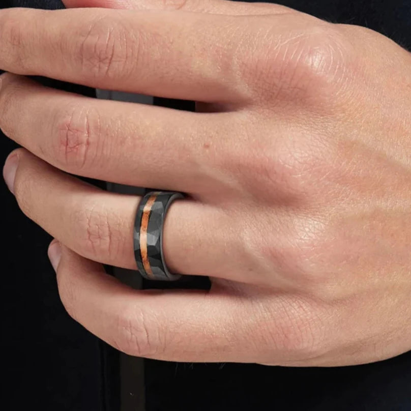 Matte Black Hammered Tungsten Band with Wood Inlay