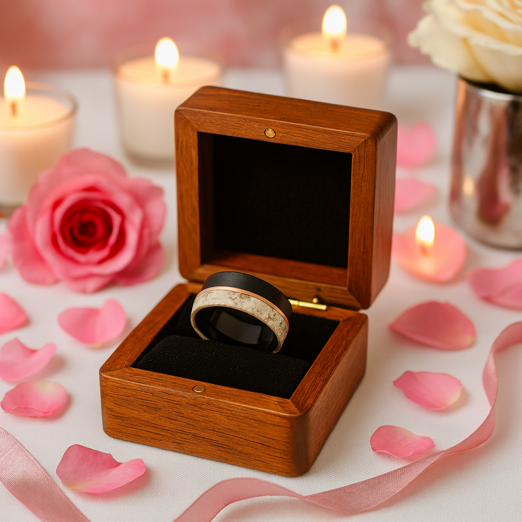Matte Brush Tungsten Carbide Men's Ring with Deer Antler Inlay