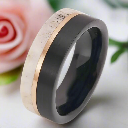 Matte Brush Tungsten Carbide Men's Ring with Deer Antler Inlay