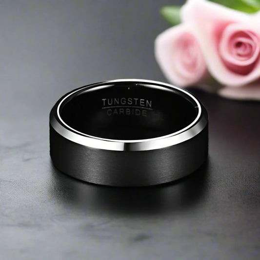 Matte Finish Black Tungsten Beveled Edge Wedding Band