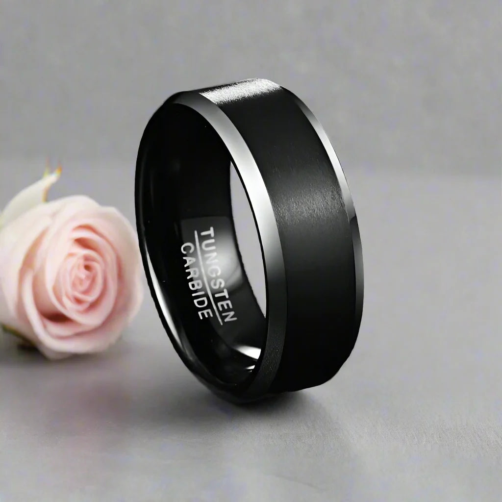 Matte Finish Black Tungsten Beveled Edge Wedding Band