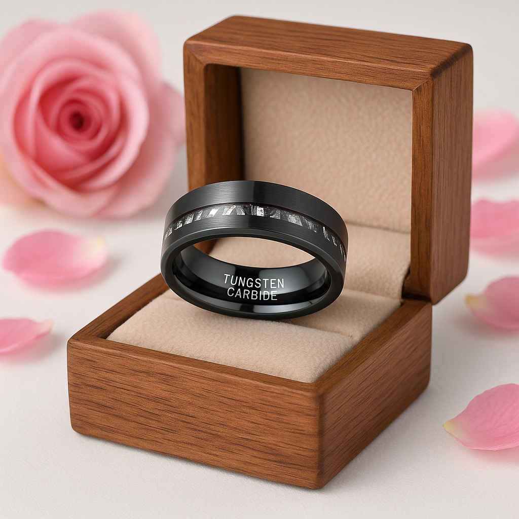 Meteorite Fragments Inlay Brush Black Tungsten Carbide Ring