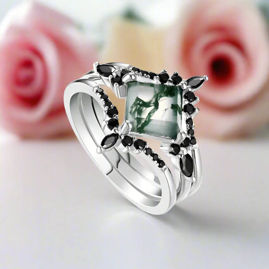 Moss Agate and Black Diamonds Wedding Ring Set